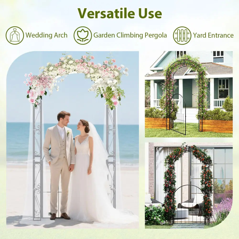 84 Inch Tall Garden Arch Metal Arbor Archway with Gate - Black - Garden Arbors