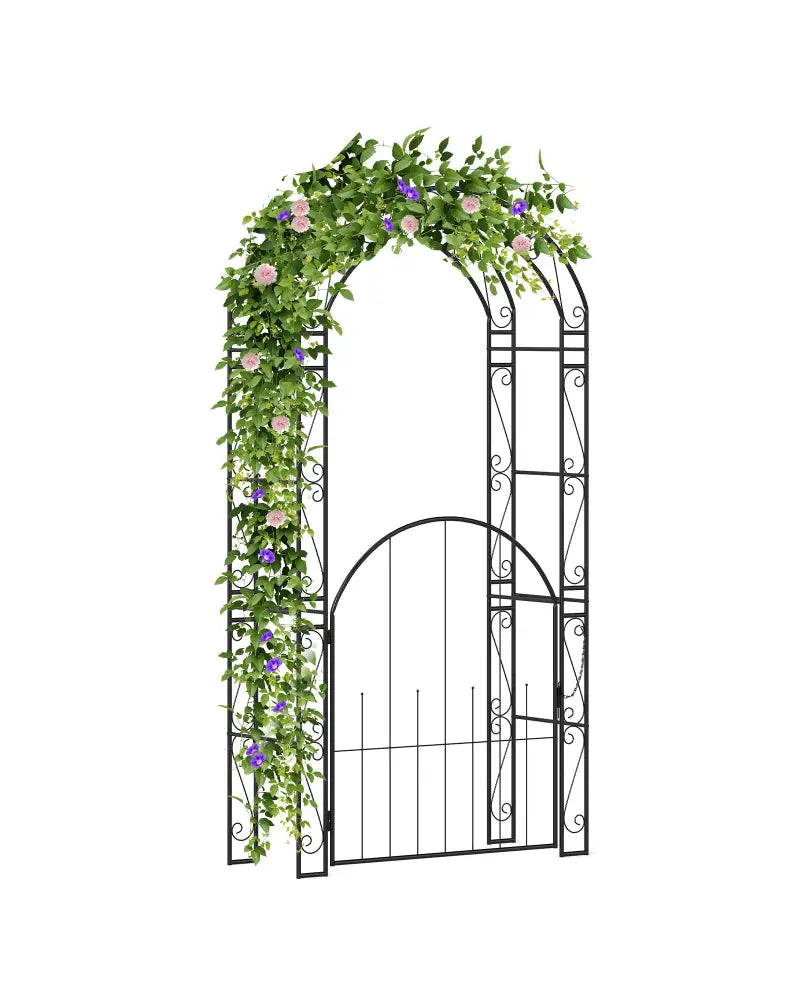 84 Inch Tall Garden Arch Metal Arbor Archway with Gate - Black - Garden Arbors