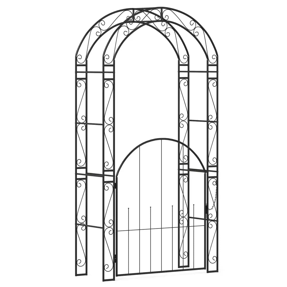 84 Inch Tall Garden Arch Metal Arbor Archway with Gate - Black - Garden Arbors