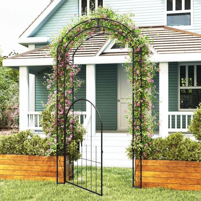 84 Inch Tall Garden Arch Metal Arbor Archway with Gate - Black - Outdoor Decor