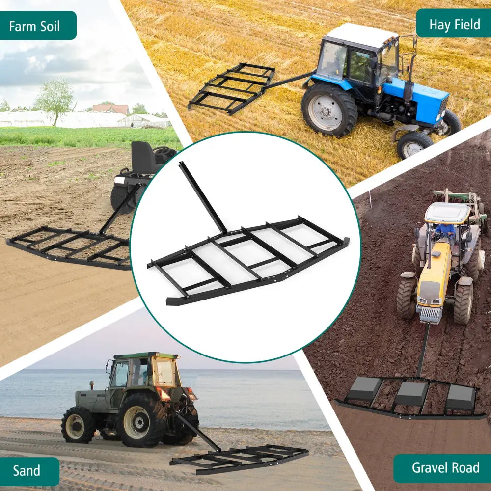 84 inch Wide Driveway Drag Tow Behind Landscape Leveling Rake with Reinforced Bars-Black - Black - Lawn Care Tools