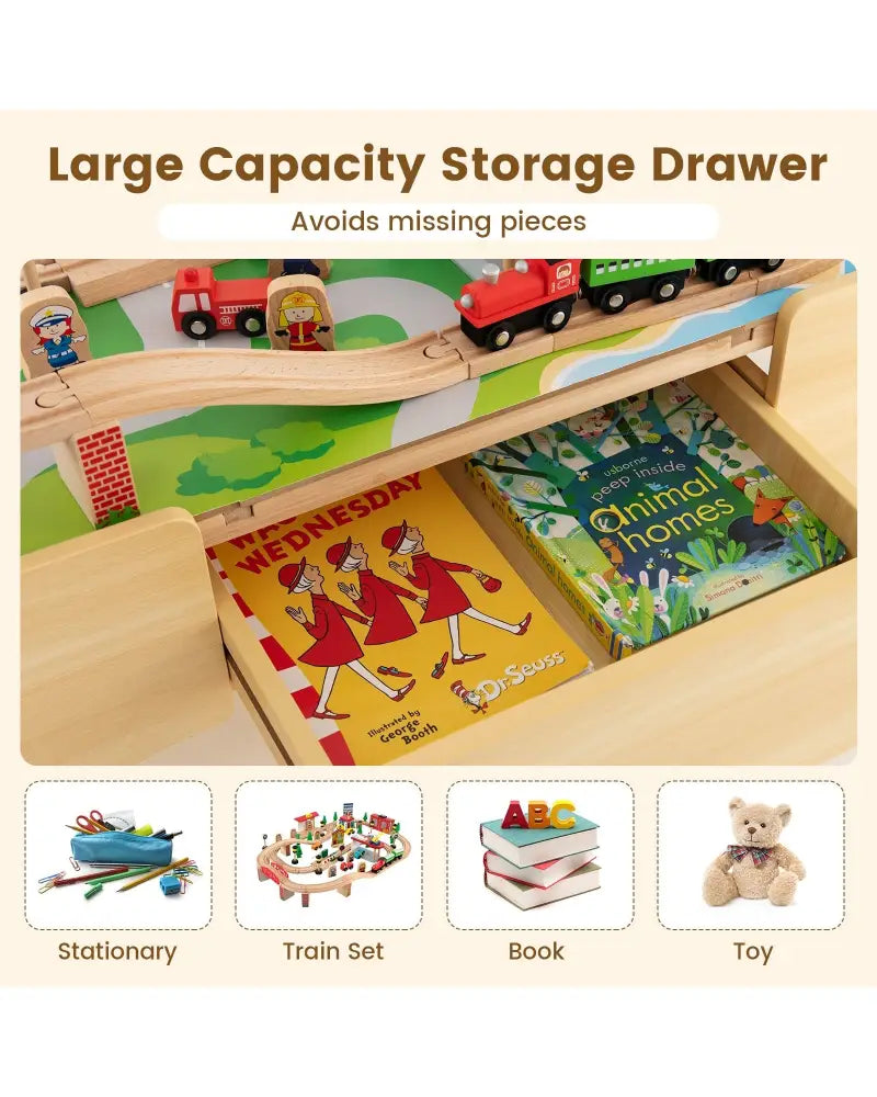 84-Piece Wooden Train Set with Reversible and Detachable Tabletop - Natural - Learning Toys