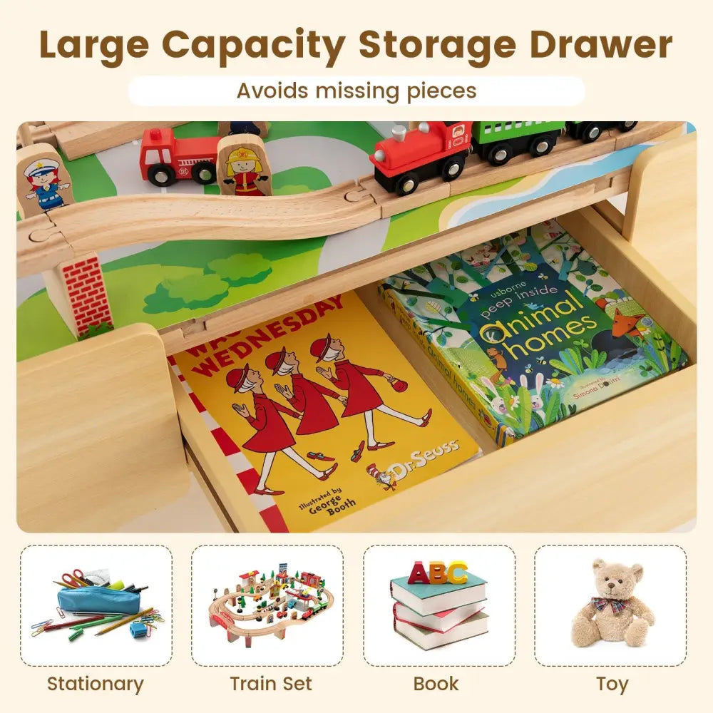 84-Piece Wooden Train Set with Reversible and Detachable Tabletop - Natural - Learning Toys