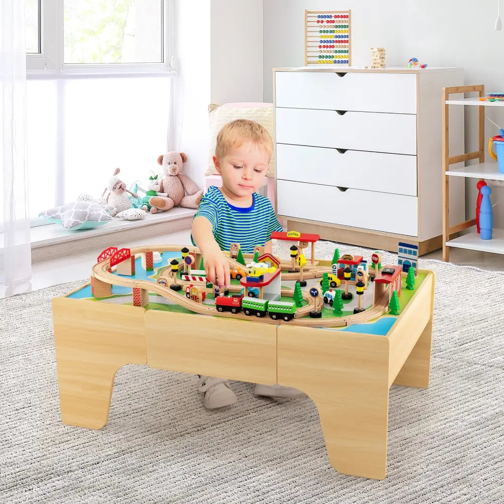 84-Piece Wooden Train Set with Reversible and Detachable Tabletop - Natural - Learning Toys