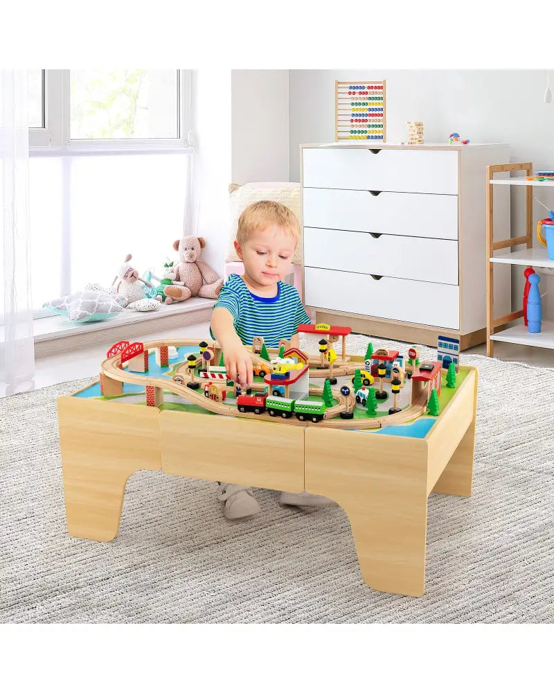 84-Piece Wooden Train Set with Reversible and Detachable Tabletop - Natural - Learning Toys