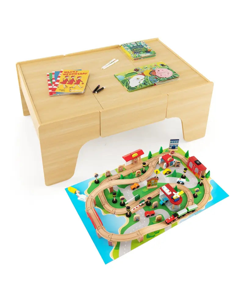 84-Piece Wooden Train Set with Reversible and Detachable Tabletop - Natural - Learning Toys