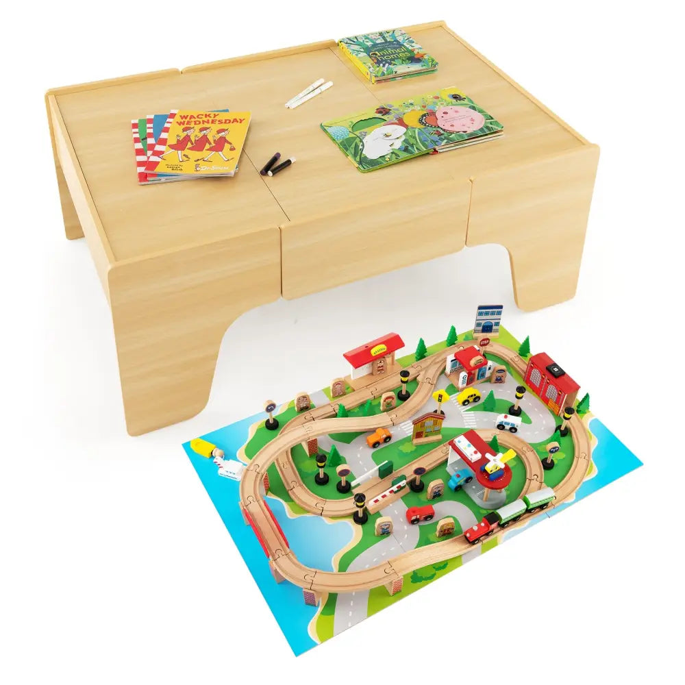 84-Piece Wooden Train Set with Reversible and Detachable Tabletop - Natural - Learning Toys