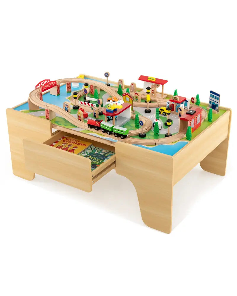 84-Piece Wooden Train Set with Reversible and Detachable Tabletop - Natural - Learning Toys