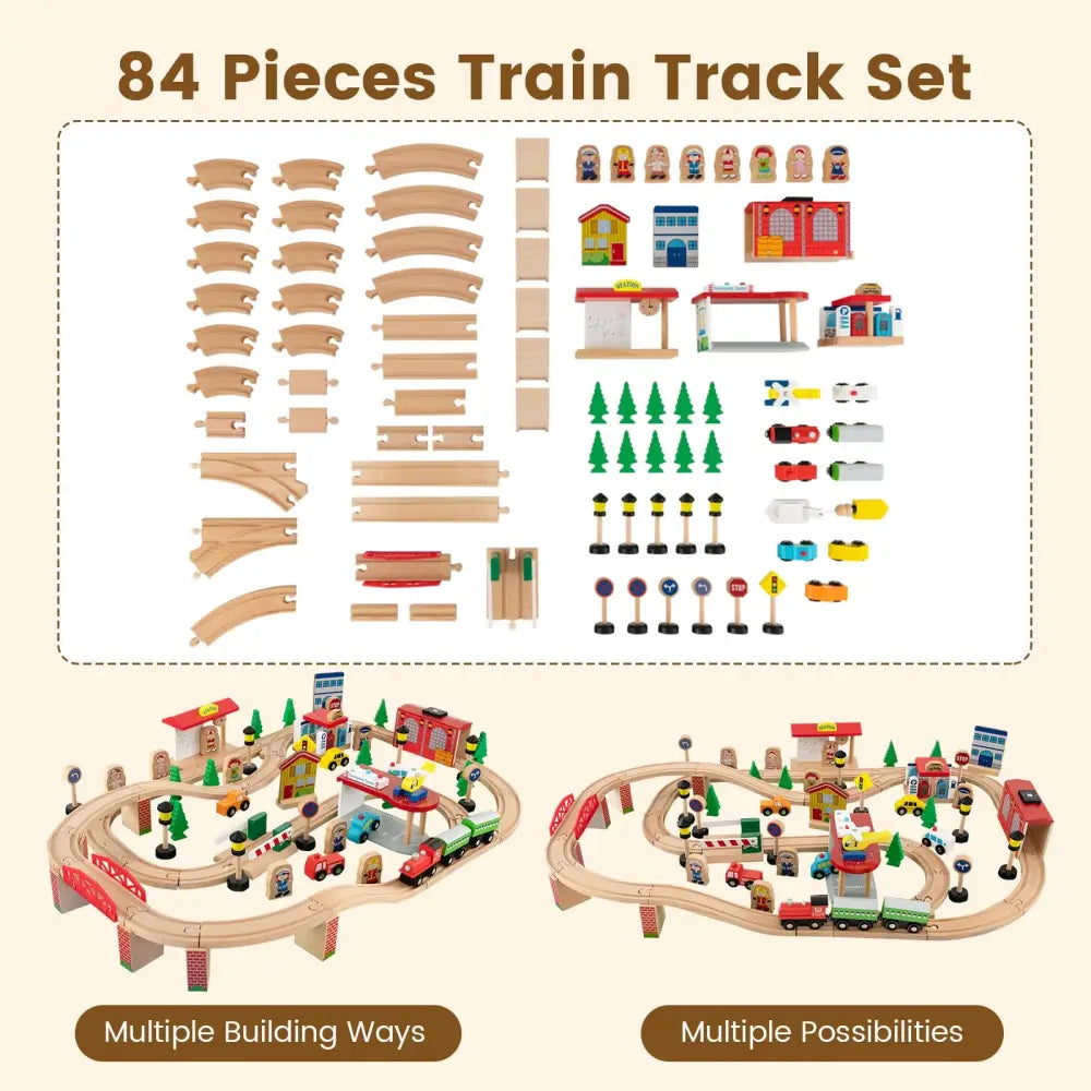 84-Piece Wooden Train Set with Reversible and Detachable Tabletop - Natural - Learning Toys