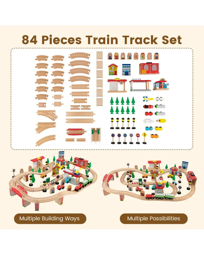 84-Piece Wooden Train Set with Reversible and Detachable Tabletop - Natural - Learning Toys