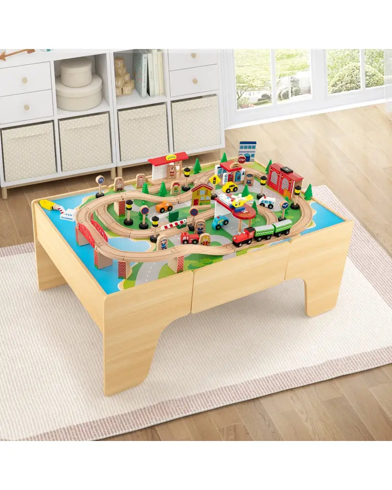 84-Piece Wooden Train Set with Reversible and Detachable Tabletop - Natural - Learning Toys