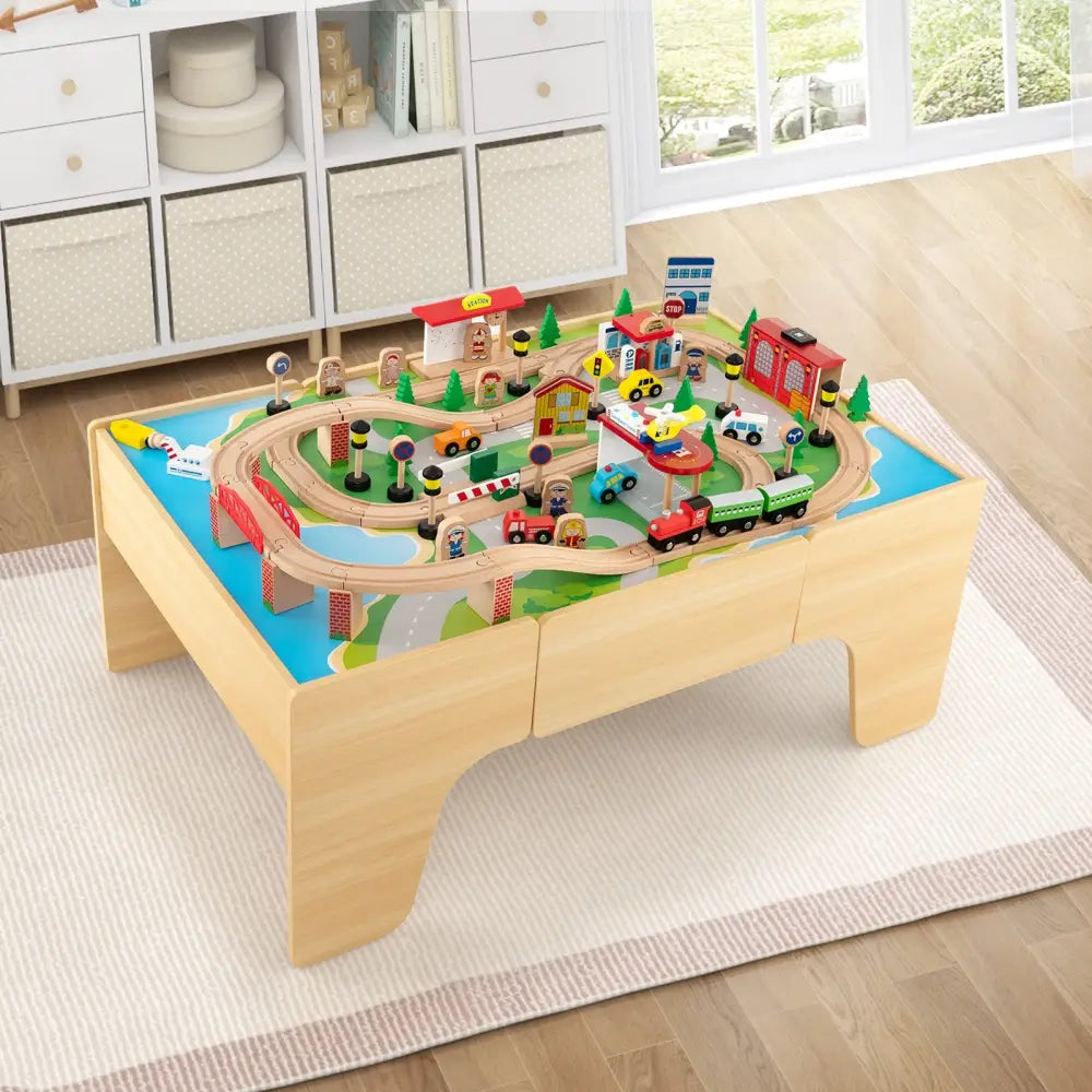 84-Piece Wooden Train Set with Reversible and Detachable Tabletop - Natural - Learning Toys