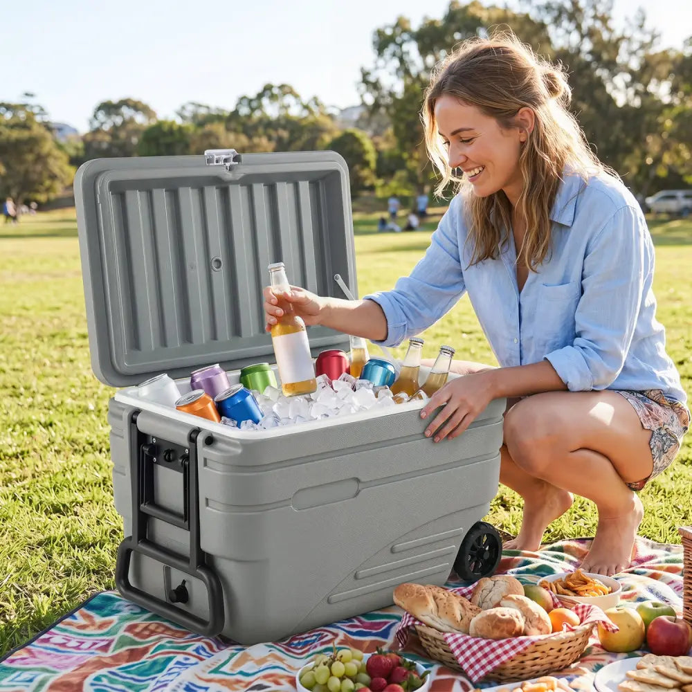 84 Quart Portable Wheeled Ice Cooler with Foldable Pull-Gray - Gray - Coolers