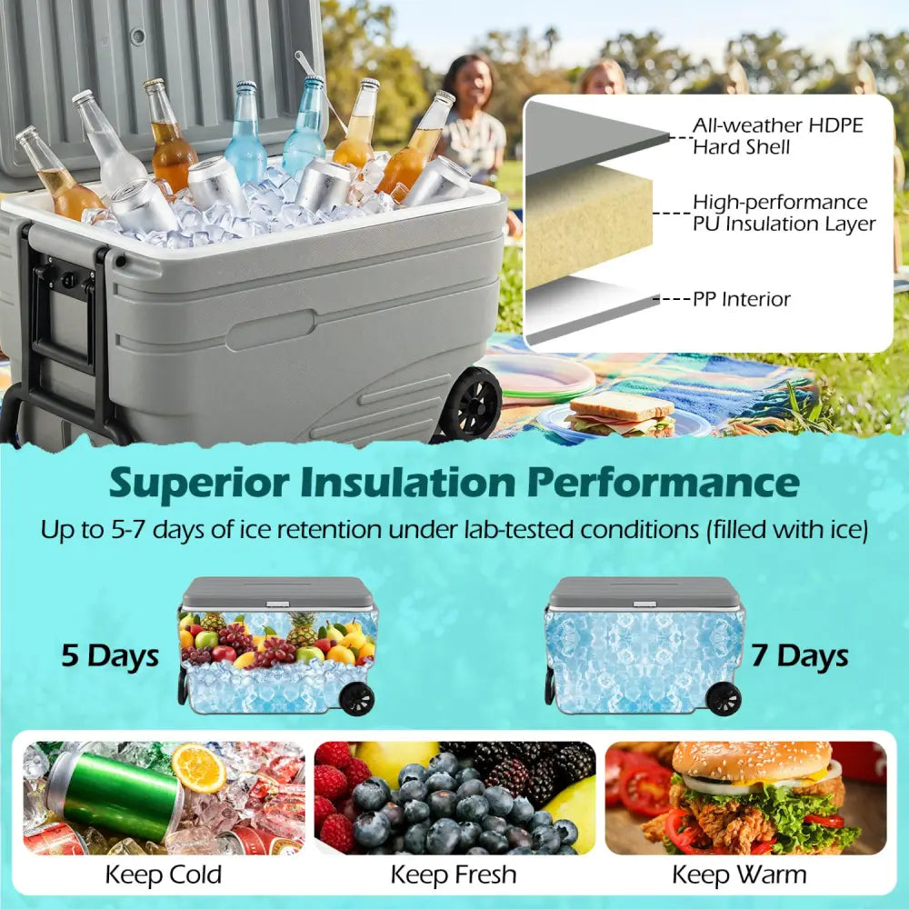 84 Quart Portable Wheeled Ice Cooler with Foldable Pull-Gray - Gray - Coolers
