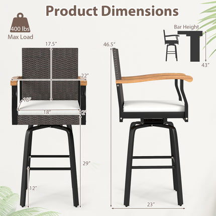 Set of 4 Outdoor 360° Swivel Bar Stool with Cushion and Acacia Wood Armrests