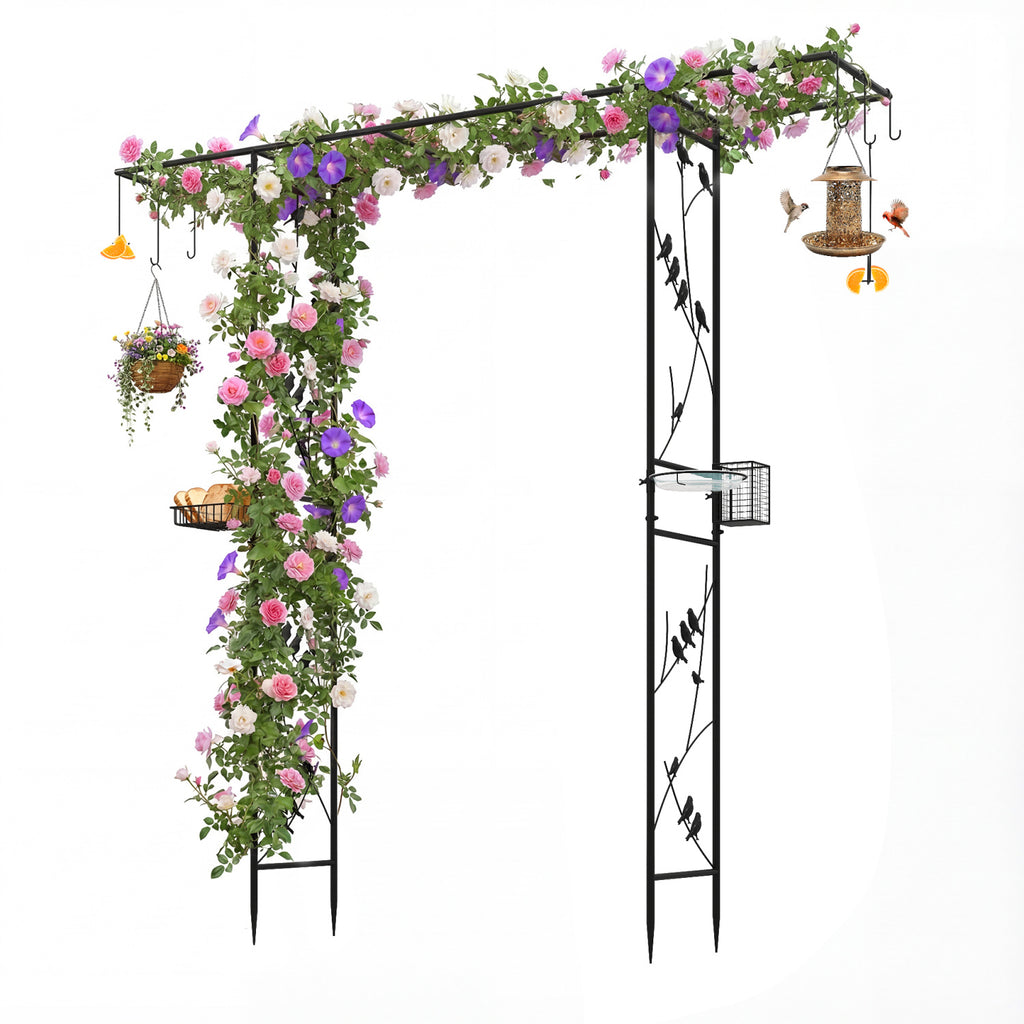 84 Inch Garden Arbor Feeding Station with Water Bowl and Mesh Tray-Black