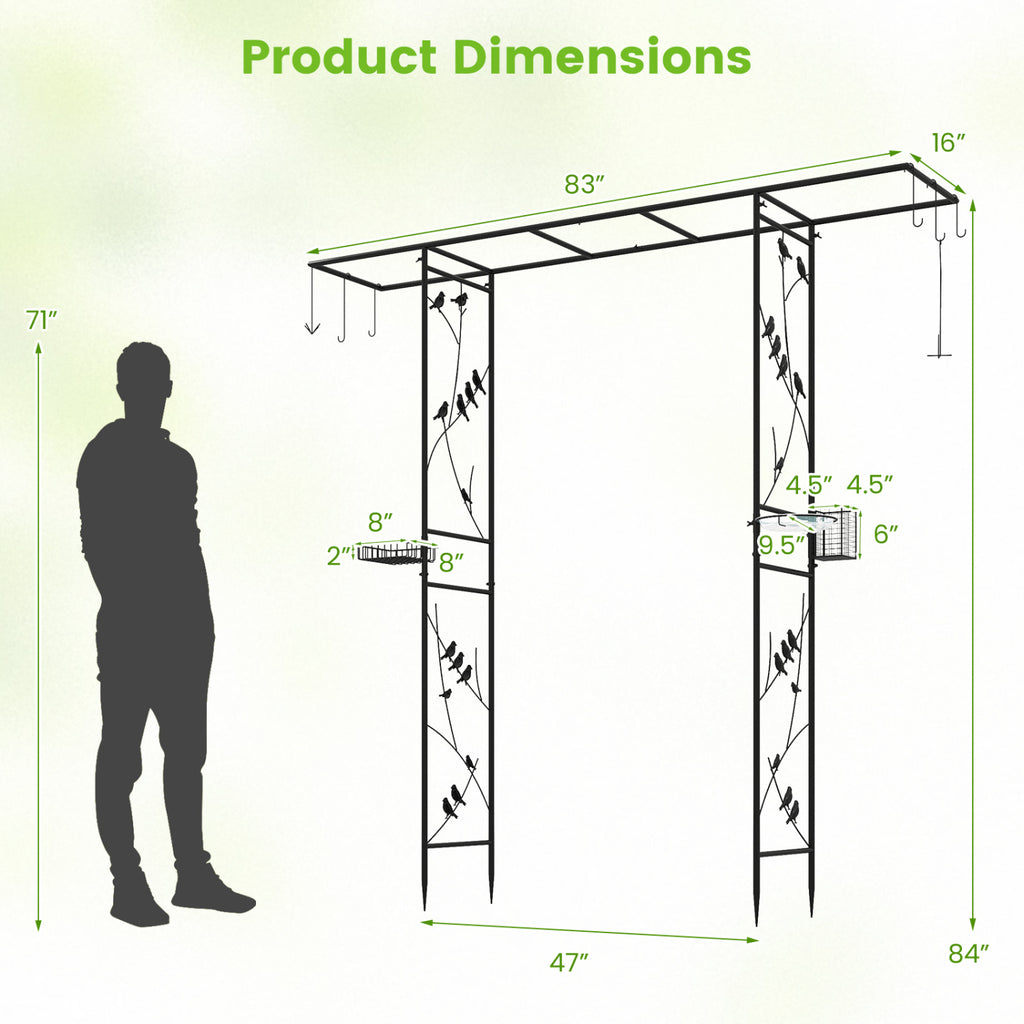 84 Inch Garden Arbor Feeding Station with Water Bowl and Mesh Tray-Black