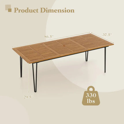 86.5 Inch Rectangular Patio Dining Table for 8 with Acacia Wood Tabletop and Umbrella Hole-86.5 inches - Natural &