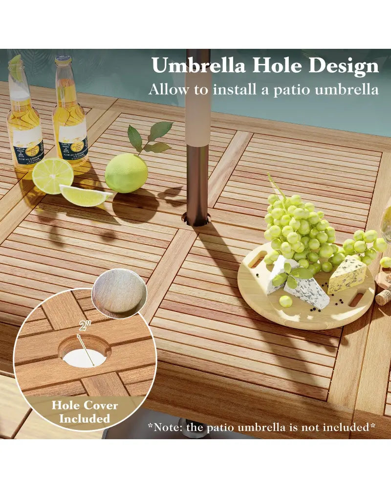 86.5 Inch Rectangular Patio Dining Table for 8 with Acacia Wood Tabletop and Umbrella Hole - Natural & Black - Patio