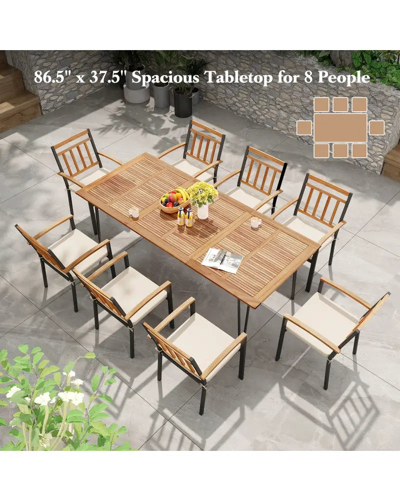 86.5 Inch Rectangular Patio Dining Table for 8 with Acacia Wood Tabletop and Umbrella Hole - Natural & Black - Patio