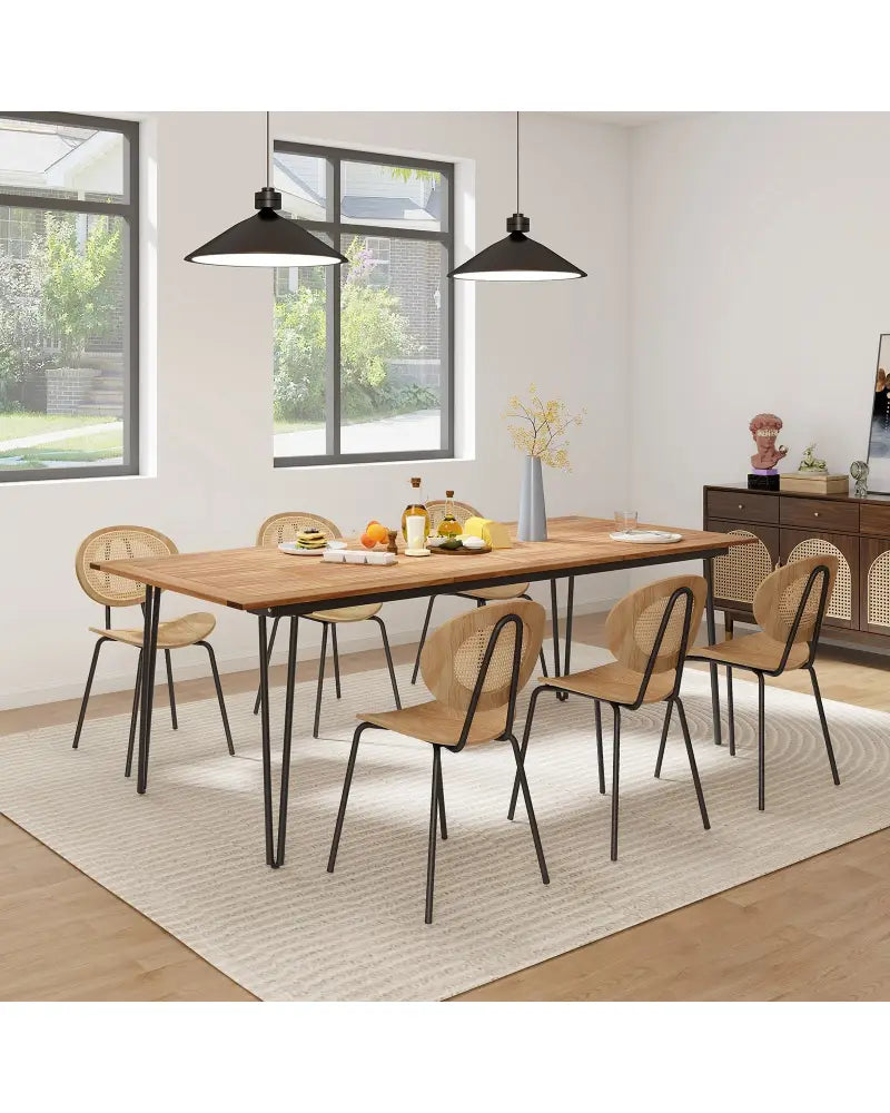 86.5 Inch Rectangular Patio Dining Table for 8 with Acacia Wood Tabletop and Umbrella Hole - Natural & Black - Patio