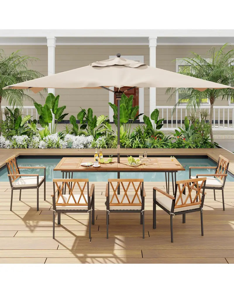 86.5 Inch Rectangular Patio Dining Table for 8 with Acacia Wood Tabletop and Umbrella Hole - Natural & Black - Patio