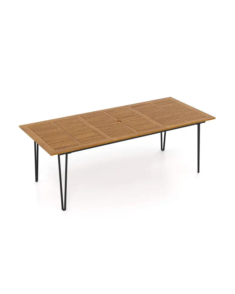 86.5 Inch Rectangular Patio Dining Table for 8 with Acacia Wood Tabletop and Umbrella Hole - Natural & Black - Patio