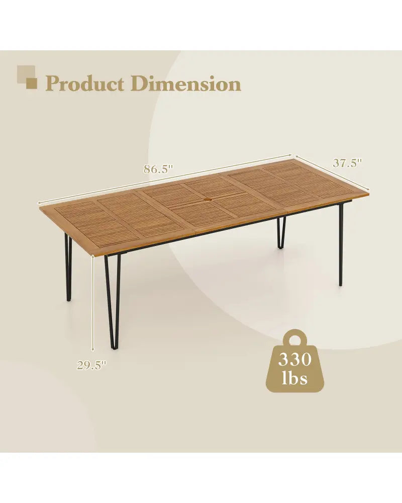 86.5 Inch Rectangular Patio Dining Table for 8 with Acacia Wood Tabletop and Umbrella Hole - Natural & Black - Patio