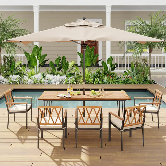 86.5 Inch Rectangular Patio Dining Table for 8 with Acacia Wood Tabletop and Umbrella Hole-86.5 inches - Natural &