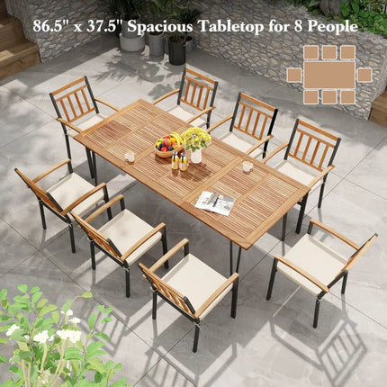 86.5 Inch Rectangular Patio Dining Table for 8 with Acacia Wood Tabletop and Umbrella Hole-86.5 inches - Natural &