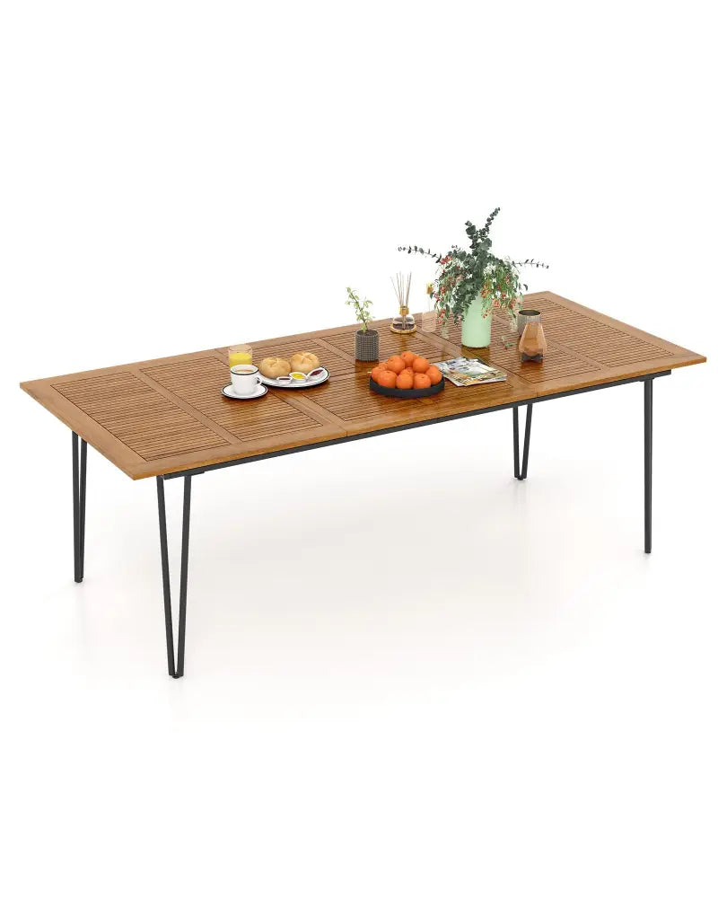 86.5 Inch Rectangular Patio Dining Table for 8 with Acacia Wood Tabletop and Umbrella Hole - Natural & Black - Patio
