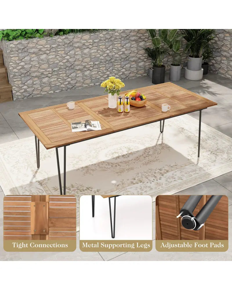 86.5 Inch Rectangular Patio Dining Table for 8 with Acacia Wood Tabletop and Umbrella Hole - Natural & Black - Patio
