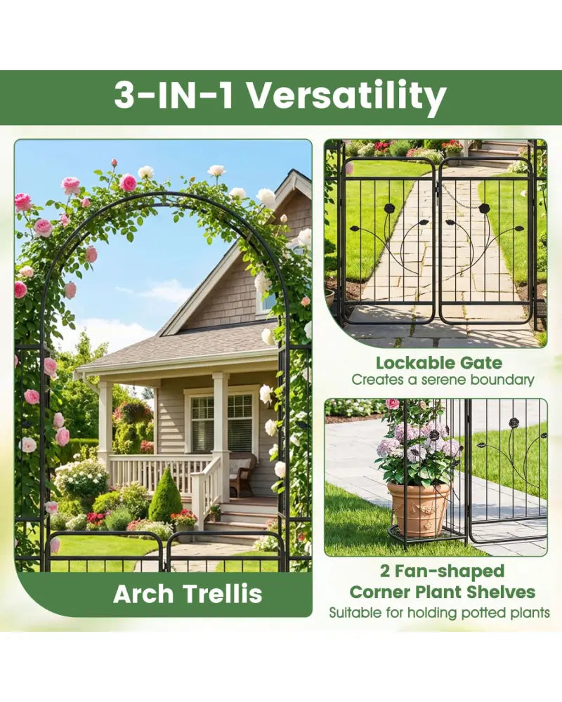 87 inch Tall Garden Arch with Gate Planter Shelves Climbing Trellises - Garden Arbors