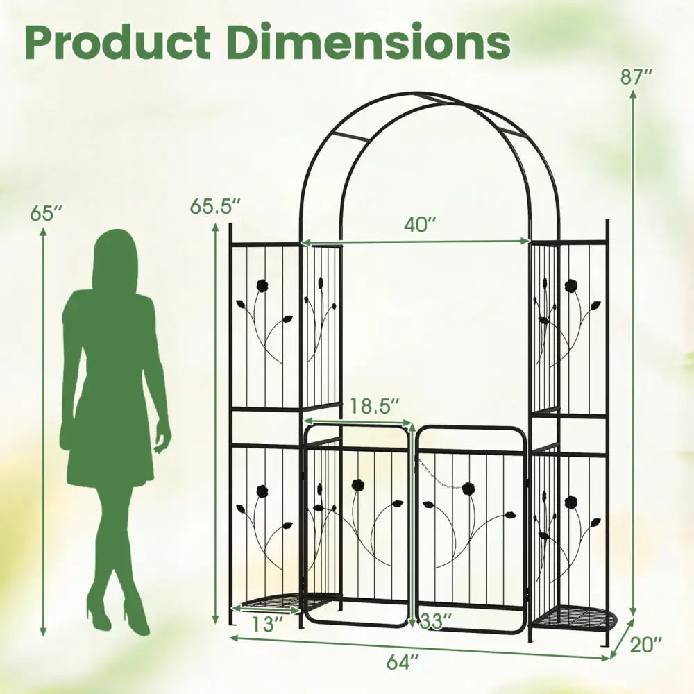 87 inch Tall Garden Arch with Gate Planter Shelves Climbing Trellises - Plant Supports