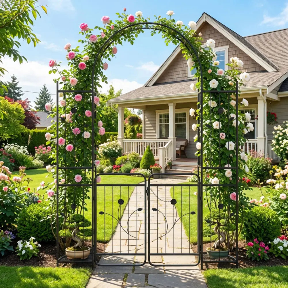87 inch Tall Garden Arch with Gate Planter Shelves Climbing Trellises - Plant Supports