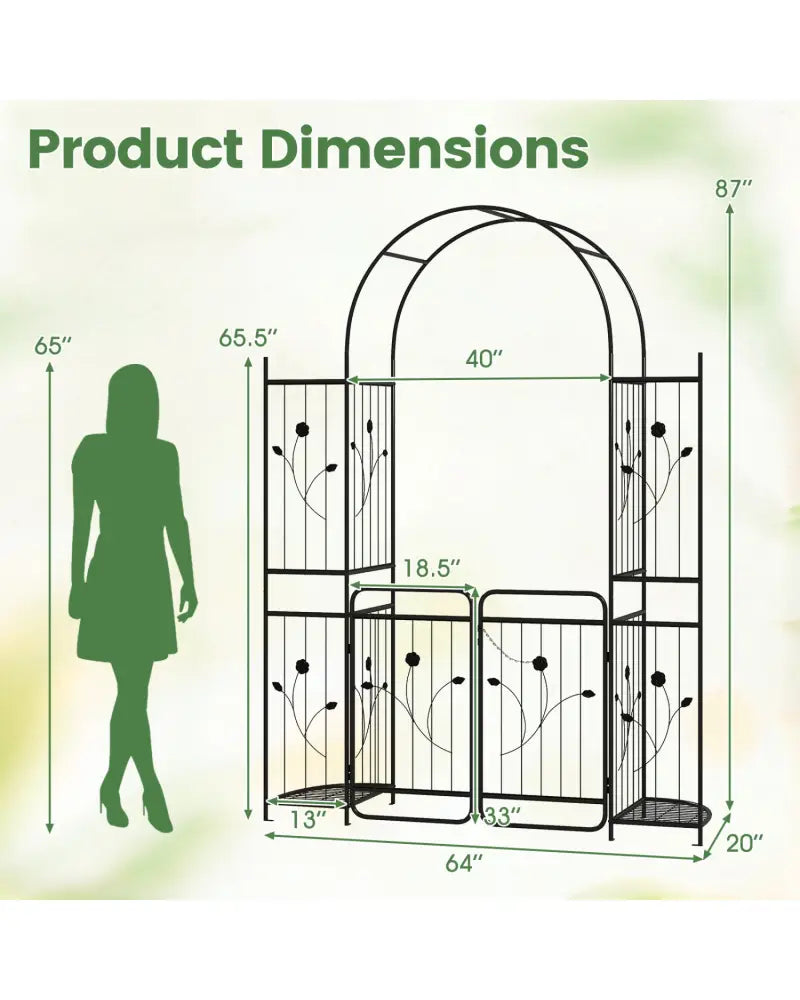87 inch Tall Garden Arch with Gate Planter Shelves Climbing Trellises - Garden Arbors