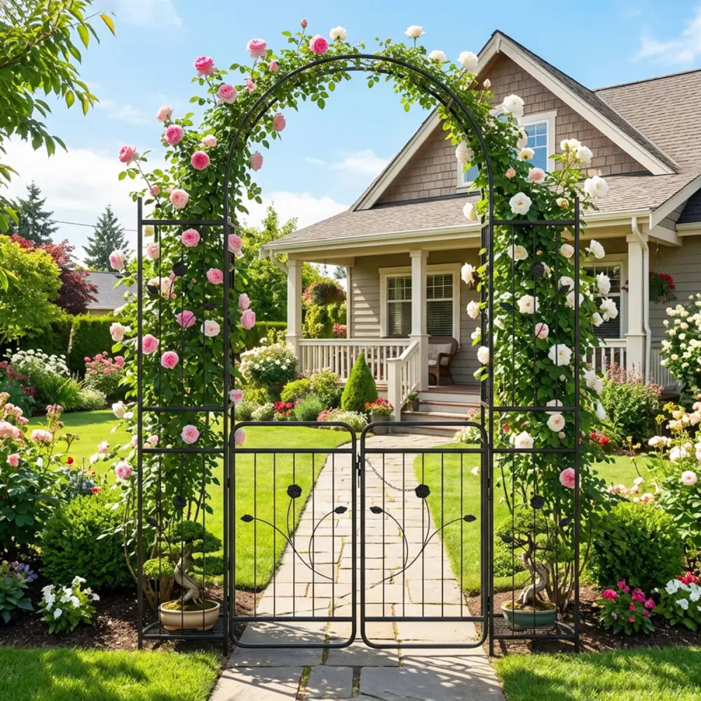87 inch Tall Garden Arch with Gate Planter Shelves Climbing Trellises - Plant Supports