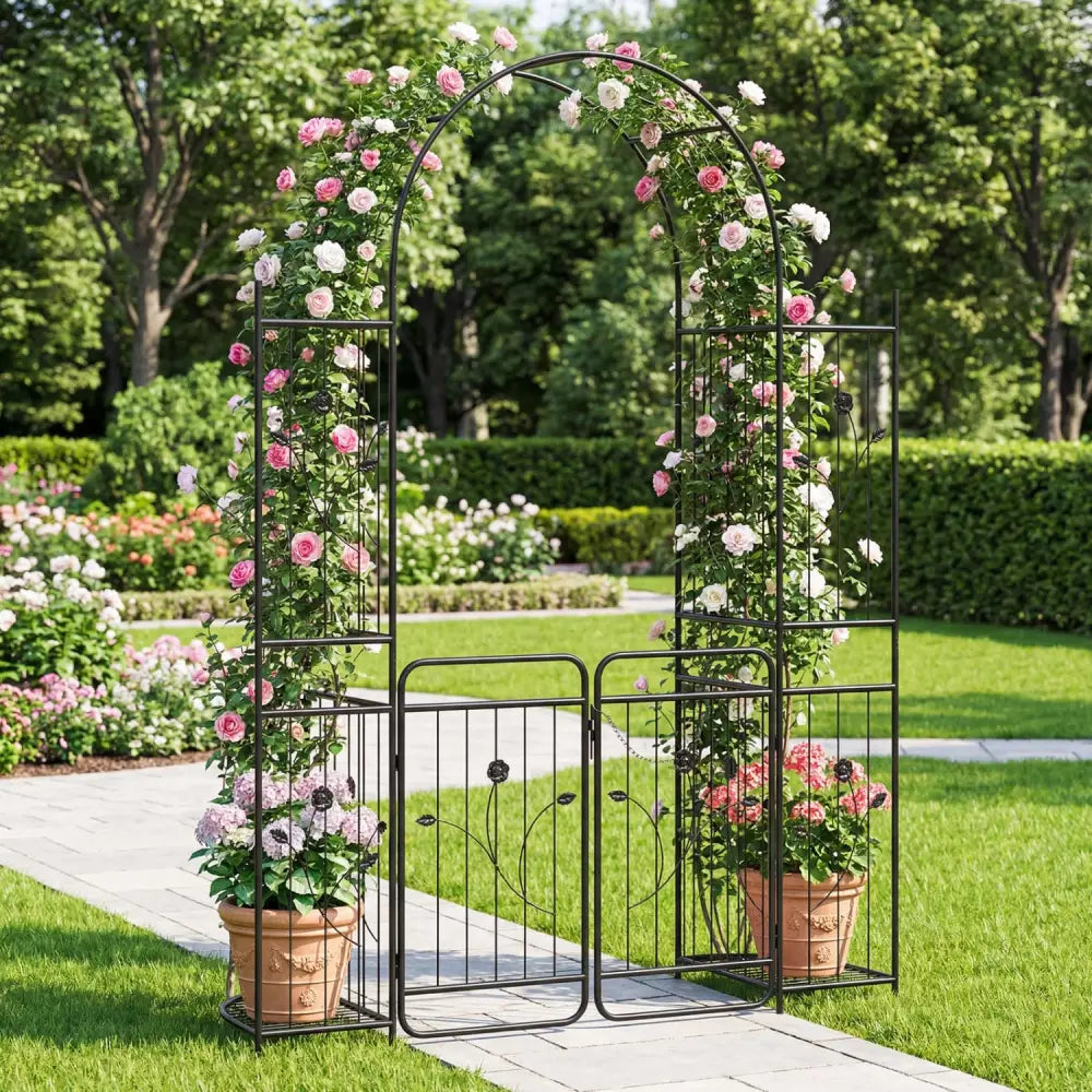 87 inch Tall Garden Arch with Gate Planter Shelves Climbing Trellises - Plant Supports