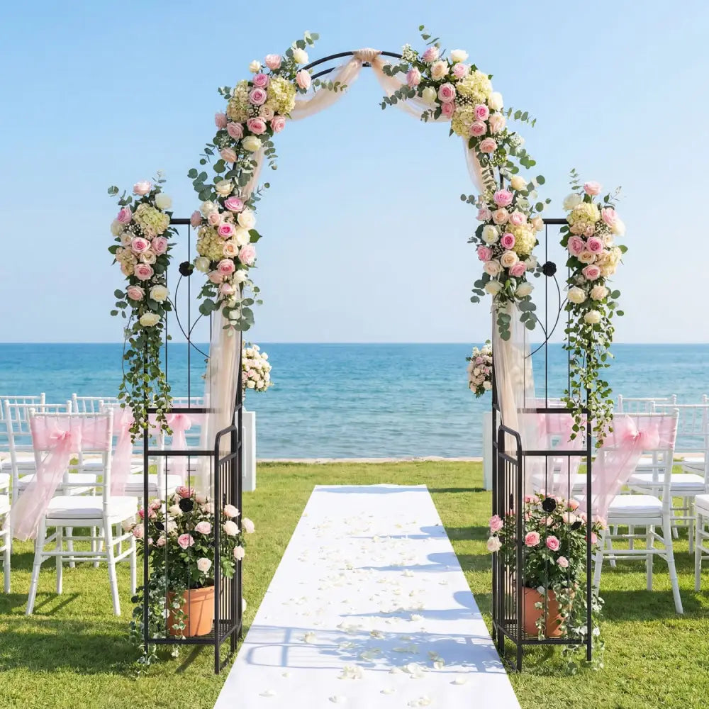 87 inch Tall Garden Arch with Gate Planter Shelves Climbing Trellises - Plant Supports
