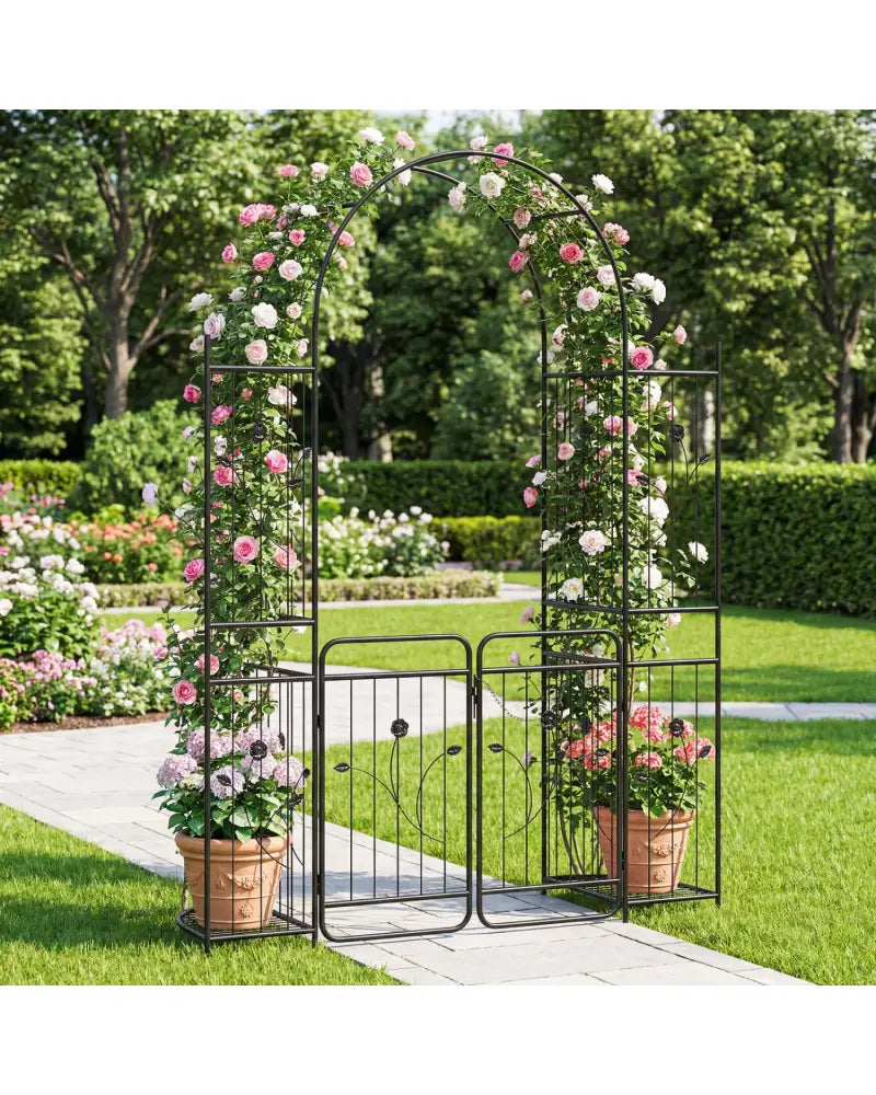 87 inch Tall Garden Arch with Gate Planter Shelves Climbing Trellises - Garden Arbors
