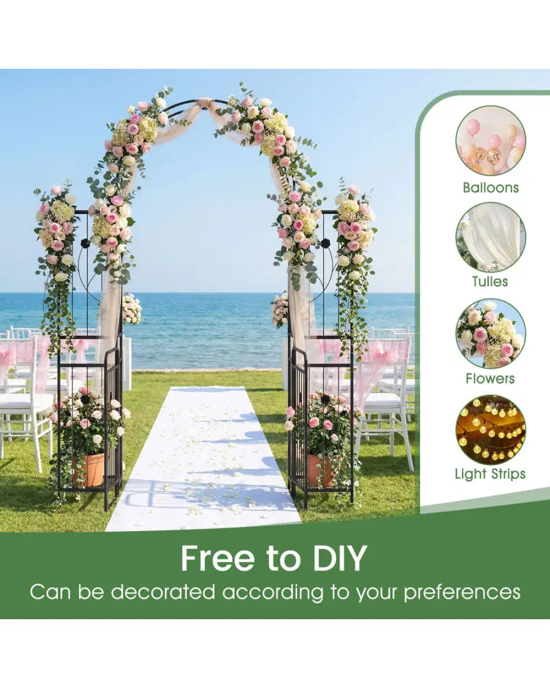 87 inch Tall Garden Arch with Gate Planter Shelves Climbing Trellises - Garden Arbors