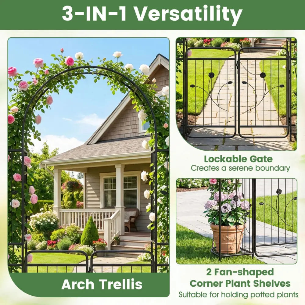 87 inch Tall Garden Arch with Gate Planter Shelves Climbing Trellises - Plant Supports