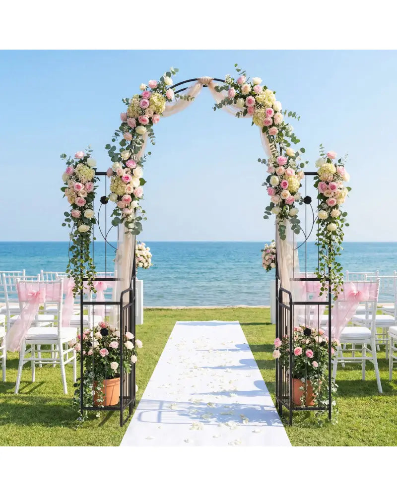87 inch Tall Garden Arch with Gate Planter Shelves Climbing Trellises - Garden Arbors