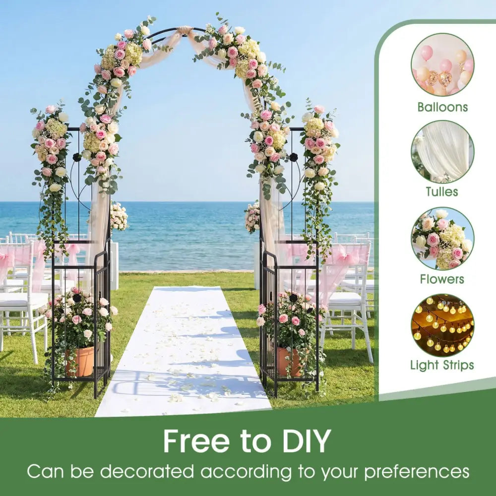 87 inch Tall Garden Arch with Gate Planter Shelves Climbing Trellises - Plant Supports