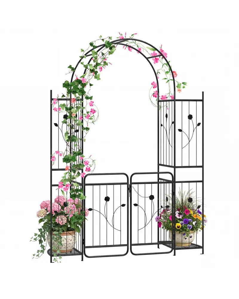87 inch Tall Garden Arch with Gate Planter Shelves Climbing Trellises - Garden Arbors