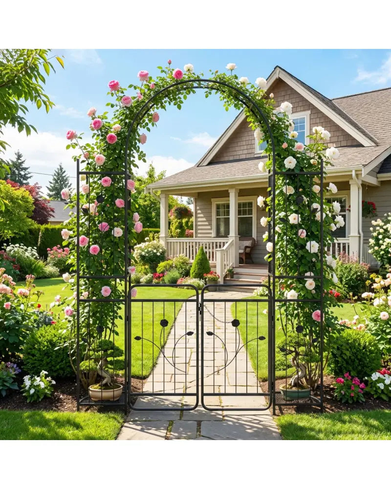 87 inch Tall Garden Arch with Gate Planter Shelves Climbing Trellises - Garden Arbors