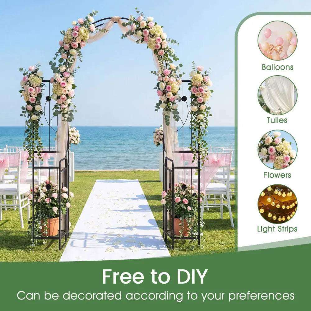 87 inch Tall Garden Arch with Gate Planter Shelves Climbing Trellises - Plant Supports
