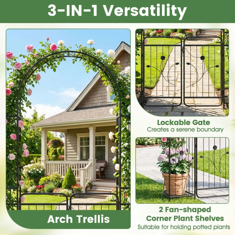87 inch Tall Garden Arch with Gate Planter Shelves Climbing Trellises - Plant Supports