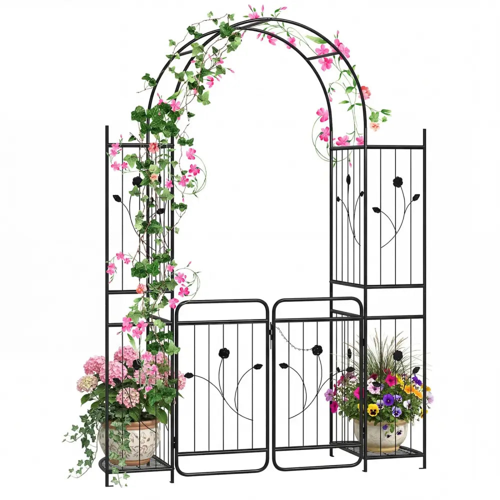 87 inch Tall Garden Arch with Gate Planter Shelves Climbing Trellises - Plant Supports