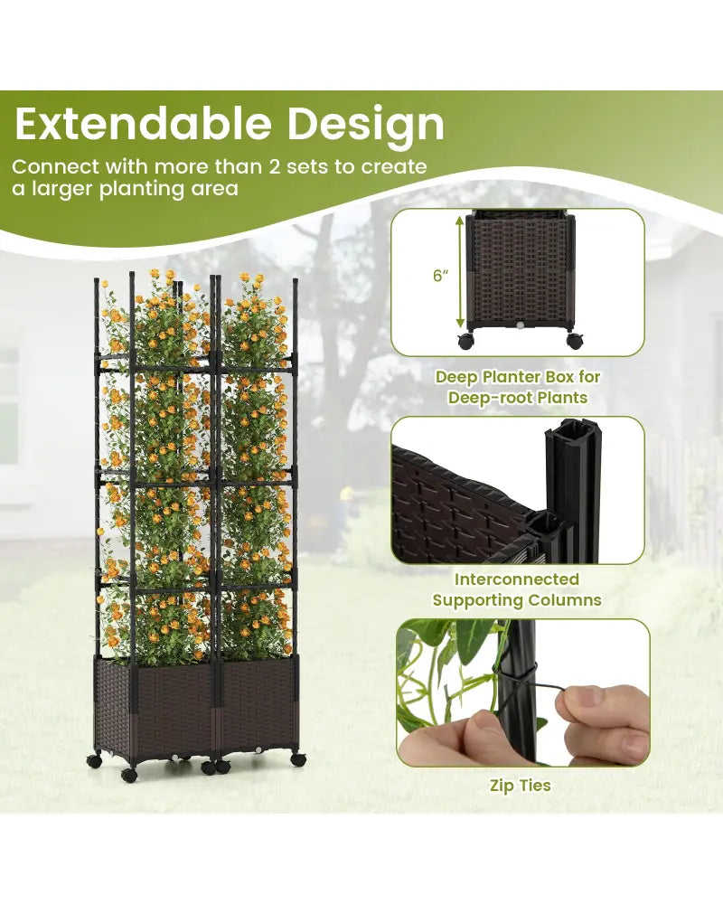 87 Inch Tall Raised Garden Bed with Plant Box Trellis and Lockable Wheels Adjustable Height - Plant Supports